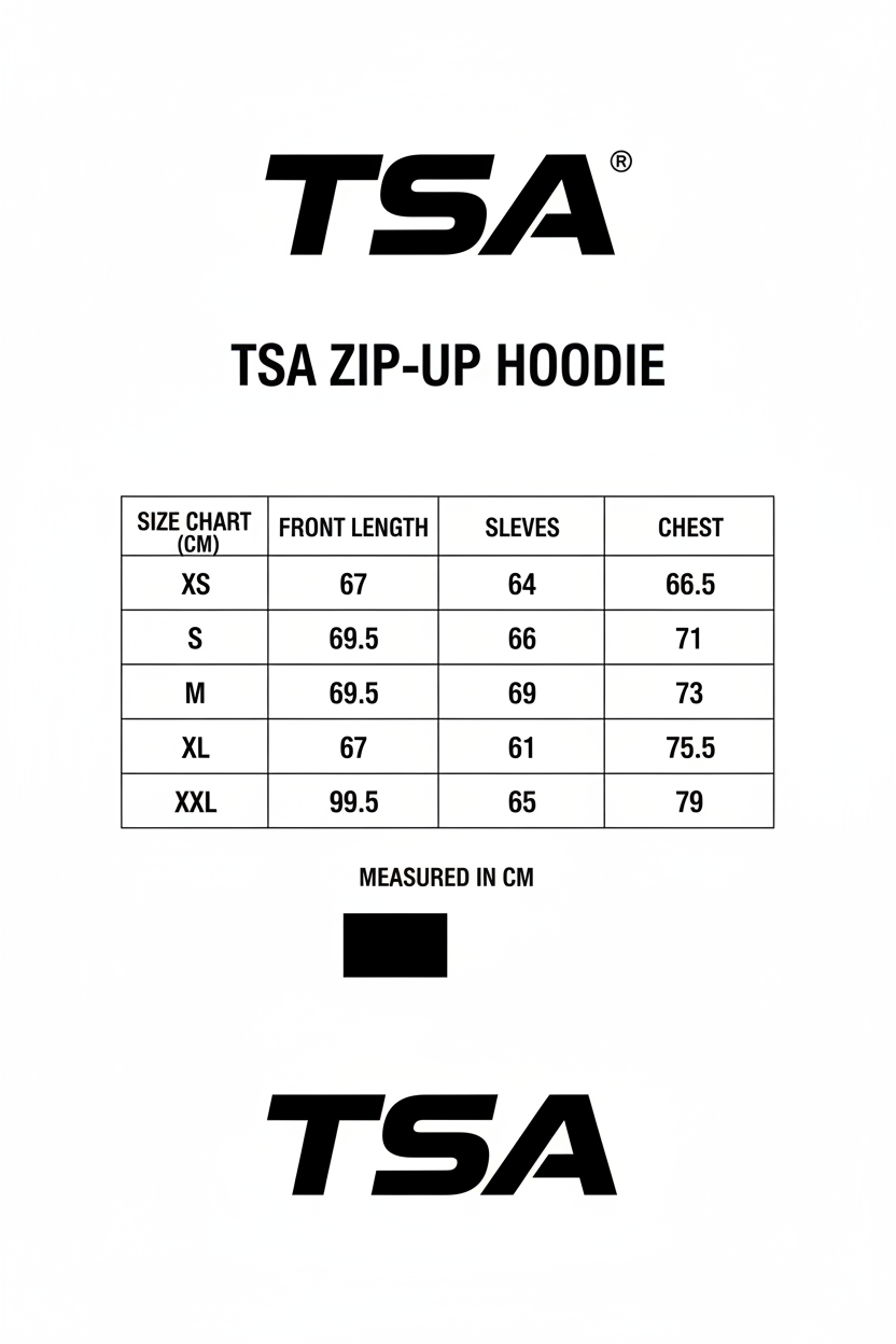 TSA Zip-Up Hoodie Size Chart